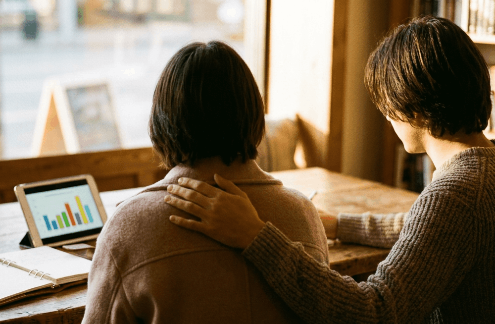 Two people at a cafe table, one resting a comforting hand on the other's shoulder